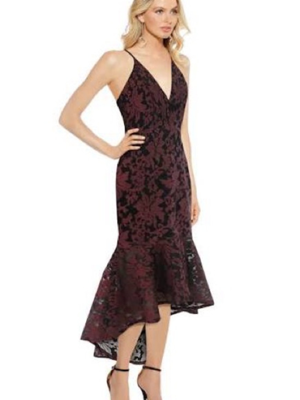 V-Neck Burgundy Floral Lace Midi Dress with High-Low Hem